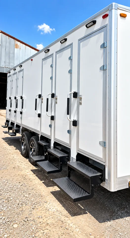 Side view of a 22 ft six-stall luxury shower-restroom combination trailer