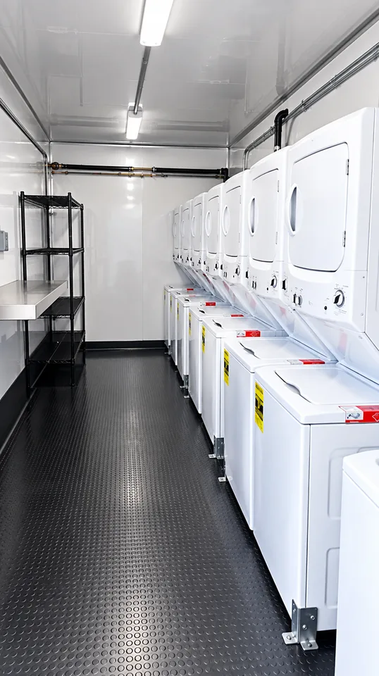 Washer and dryer interior of a 26–27 ft mobile laundry trailer