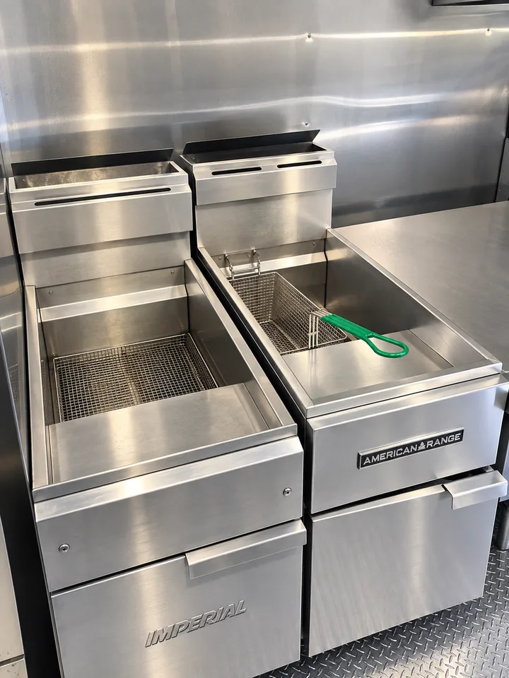 Commercial fryers inside a 26 ft baby bulk mobile kitchen