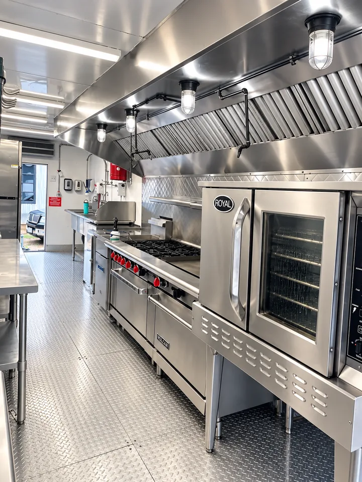 Commercial range, oven and ventilation hood inside a 28 ft mobile kitchen