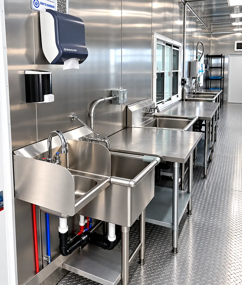 Dishwasher loading station inside a high-temperature conveyor dishwashing trailer