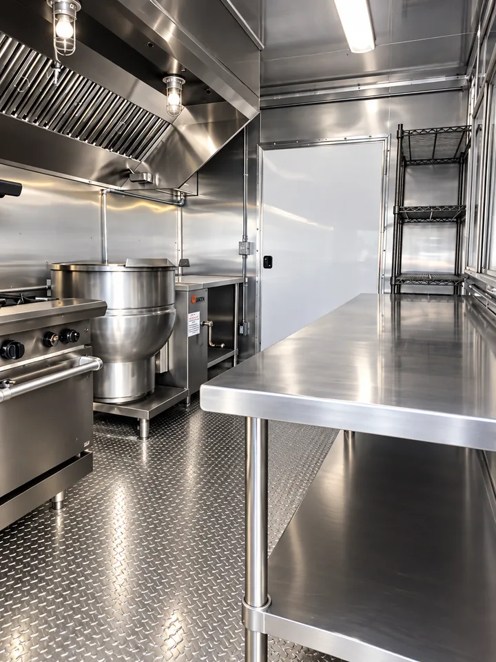 Steam kettle and stainless prep table inside a 40 ft bulk combo kitchen