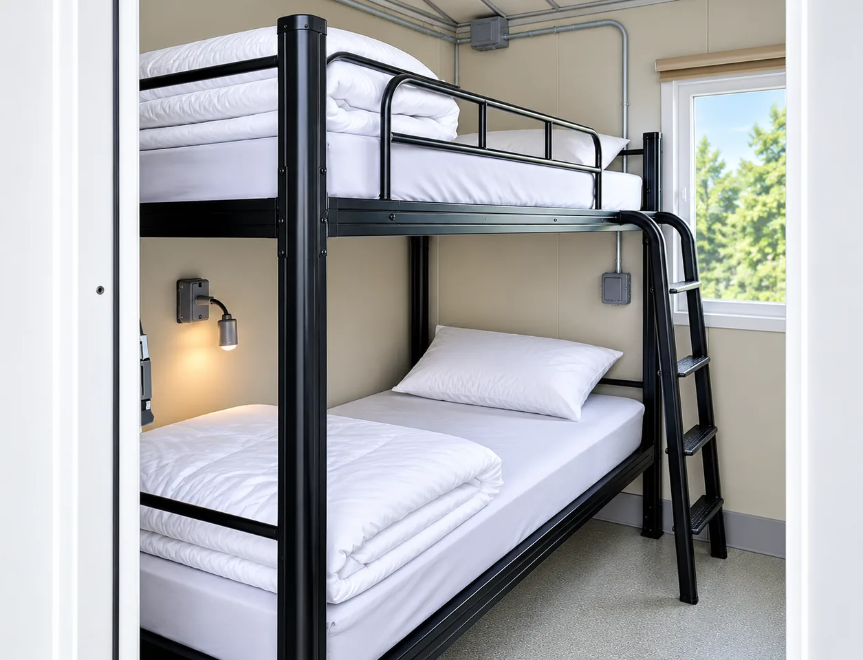 Bunk-bed interior of a two-stall sleeper trailer