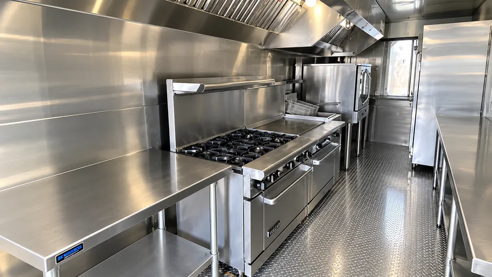 Stainless-steel mobile commercial kitchen trailer for temporary food-service capacity